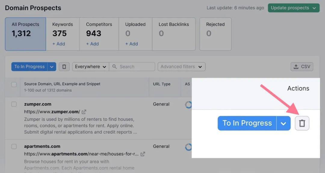Trash can icon next to the To In Progress button